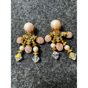 Vintage Pink Crackle Glass Faux Pearl Crystal Chandelier Clip On Earrings Gold